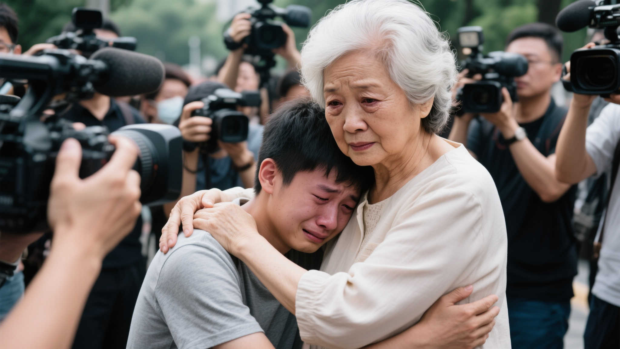 就在媒体纷纷涌向看似脆弱不堪的小伙时，老人挺身而出